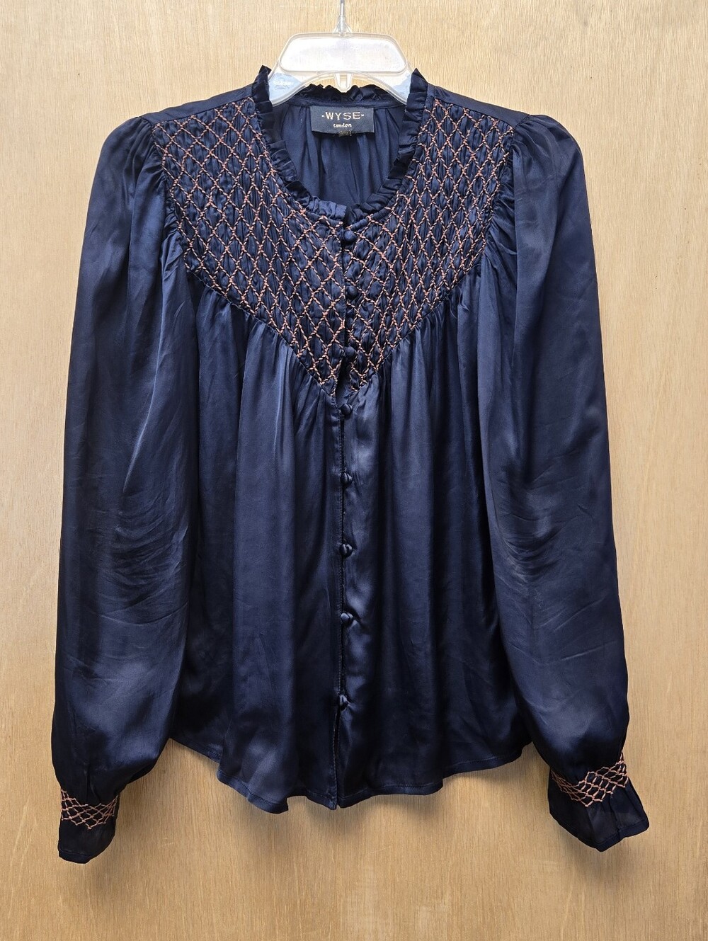 WYSE London Sylvie Satin Stitch Blouse Button Down Navy Size 1 Flaws